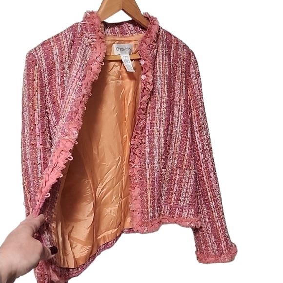 CHADWICKS VINTAGE Pink Boucle Tweed Crop Jacket 10 M Blazer Ribbon Fringe Shaggy - Picture 10 of 14